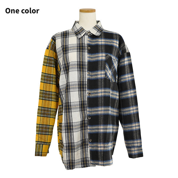 チェックアシンメトリービッグシルエット長袖シャツブラウス