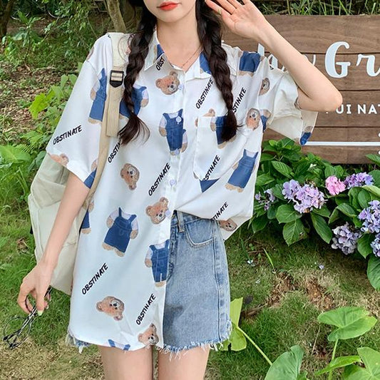 ダークユーモア クマぬいぐるみプリント 半袖シャツ