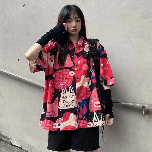 POPファニーキャラクタープリント Bigシルエット半袖シャツ