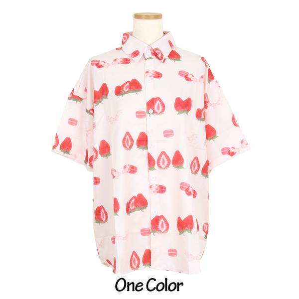 ストロベリー×マカロンプリント半袖ピンクシャツ