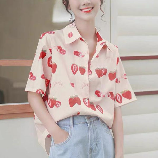 ストロベリー×マカロンプリント半袖ピンクシャツ