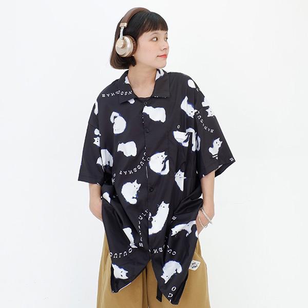 キャットシルエットプリント Bigシルエット半袖シャツ