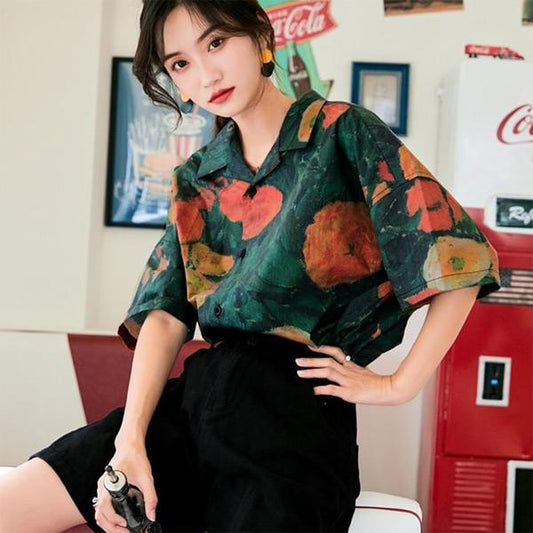 ヴィンテージライク ボタニカル柄 半袖オープンカラーシャツ