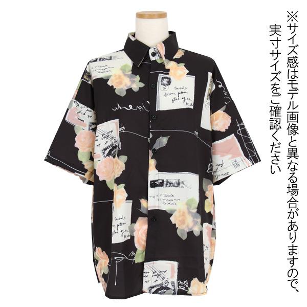 ローズ×レタープリント半袖ブラックシャツ