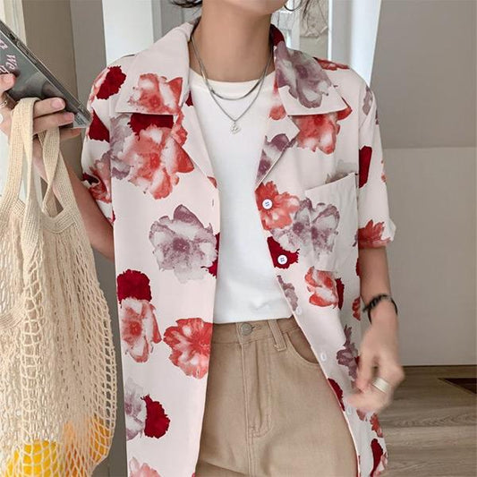 レッドフラワープリント オープンカラー半袖シャツ