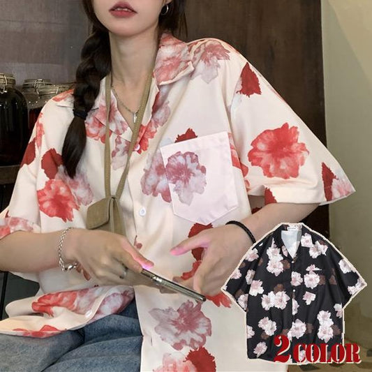 レトロフラワープリント オープンカラー半袖シャツ