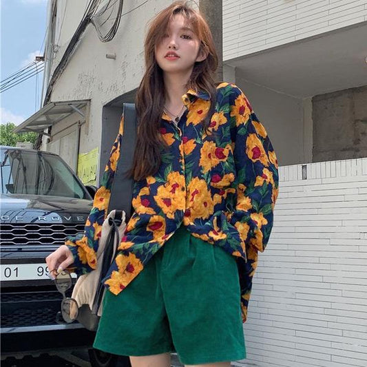 オレンジフラワーイラスト 長袖シャツ