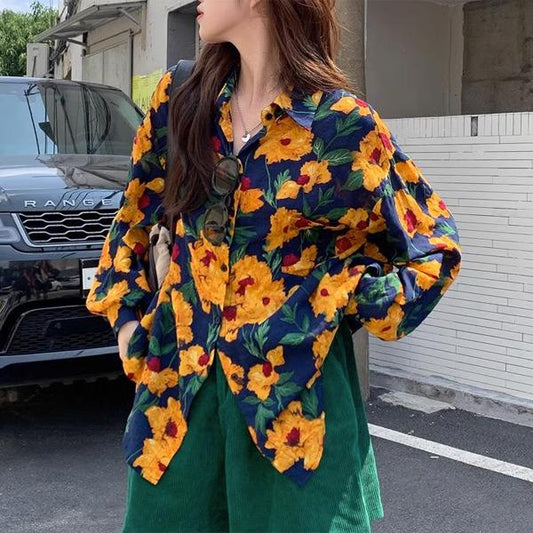 オレンジフラワーイラスト 長袖シャツ