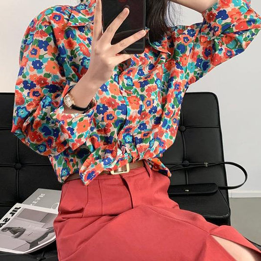 カラフル フラワープリント長袖シャツ