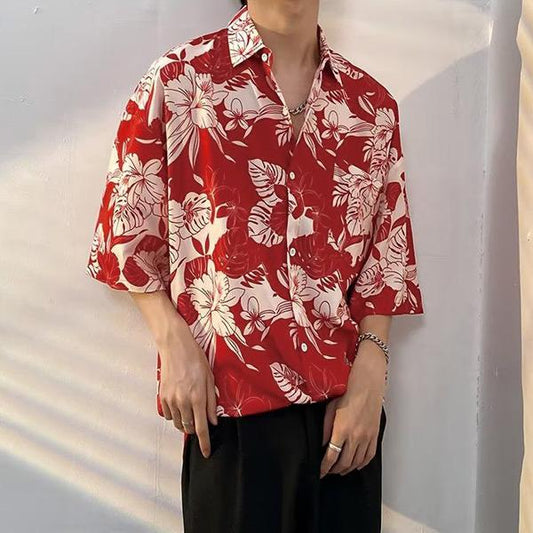 ハイビスカスプリント ルーズ半袖レッドシャツ