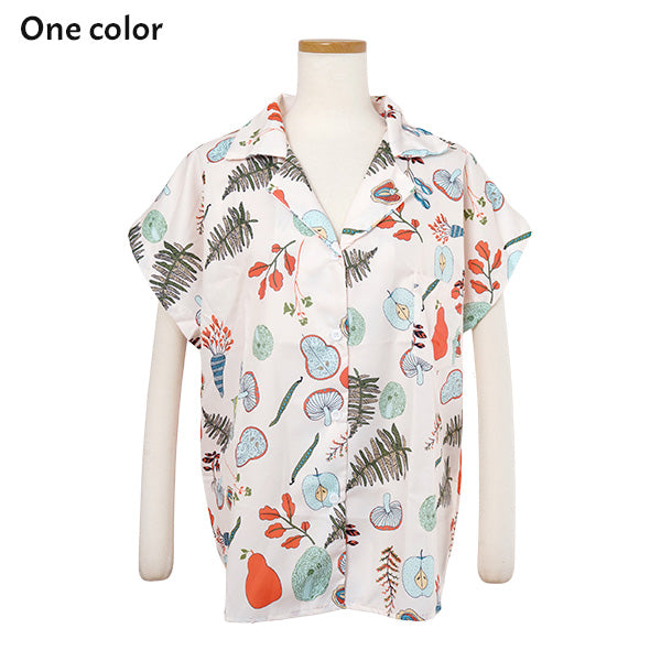 キノコや野菜、フルーツのオープンカラーフレンチスリーブシャツ