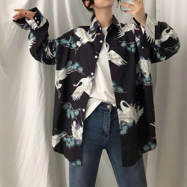 松と鶴 和風ビッグシルエット長袖シャツ