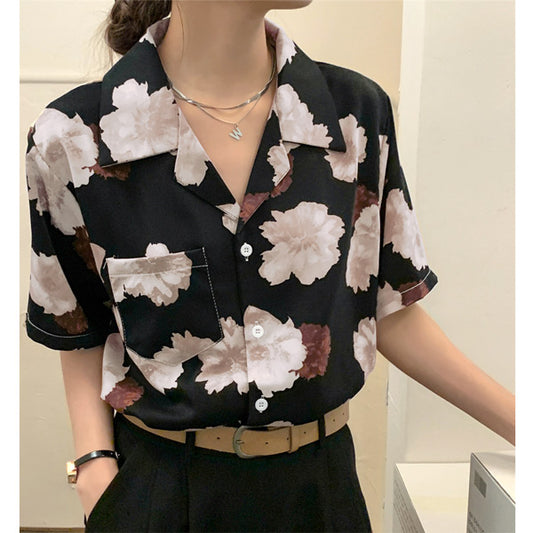 セピアフラワー柄 オープンカラー半袖シャツ