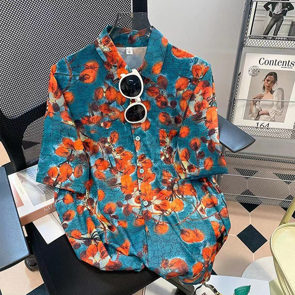 オレンジ水彩画フラワープリント 半袖ルーズシャツ