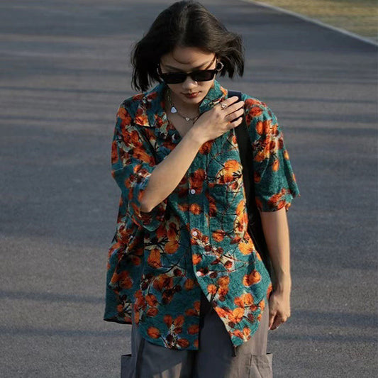 オレンジ水彩画フラワープリント 半袖ルーズシャツ