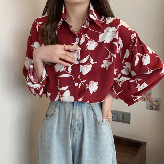 ダークレッドフローラルシャツ