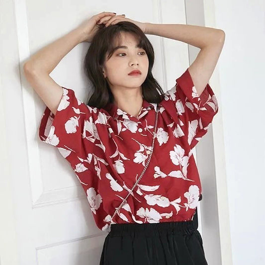 ホワイトフラワーオンレッドオープンシャツ