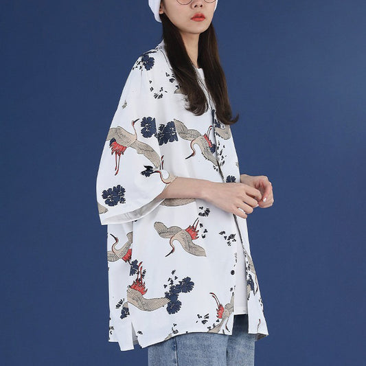 Crane and flower satin shirt
