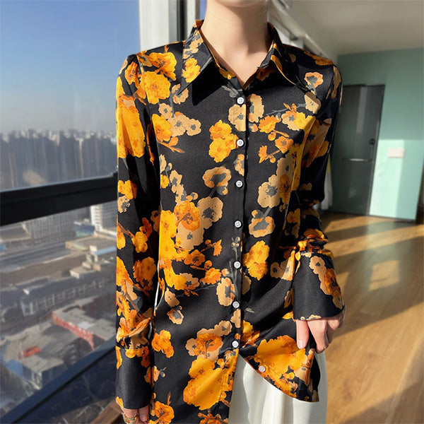 【SZ BLOCKPRINTS】オレンジ フラワープリント 長袖シャツ 綿　S SZ BLOCKPRINTS】オレンジ フラワープリント 長袖シャツ 綿 S