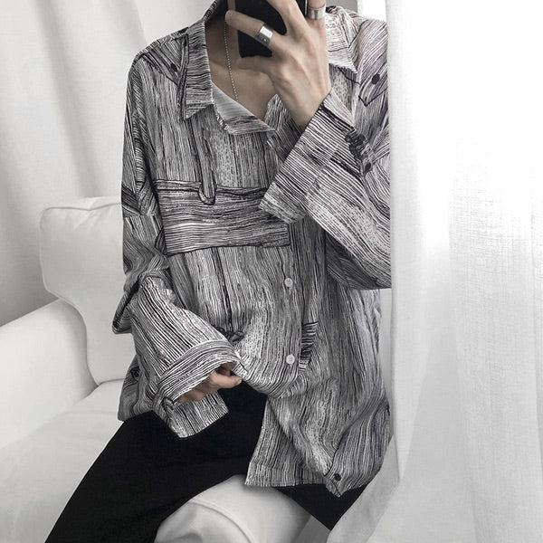 木目調モノクロアートシャツ