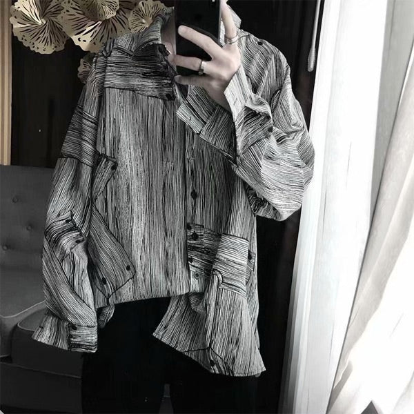 木目調モノクロアートシャツ