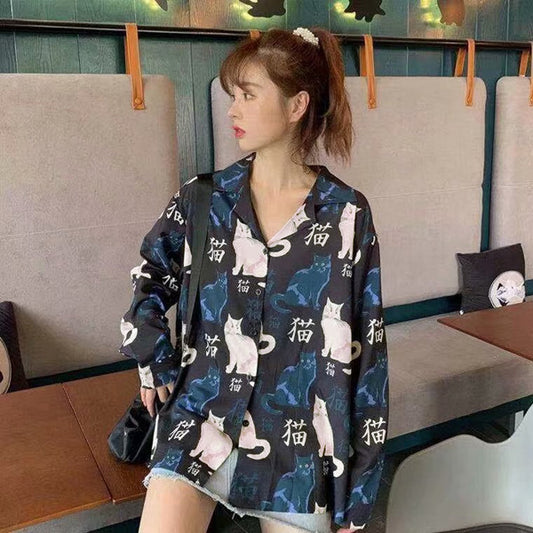 猫漢字プリントシャツ