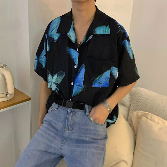 ブルーバタフライプリントシャツ