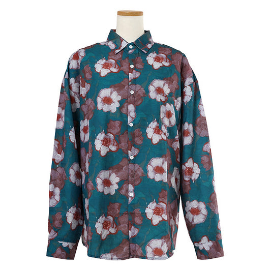 ホワイトフラワーブルーグリーンシャツ