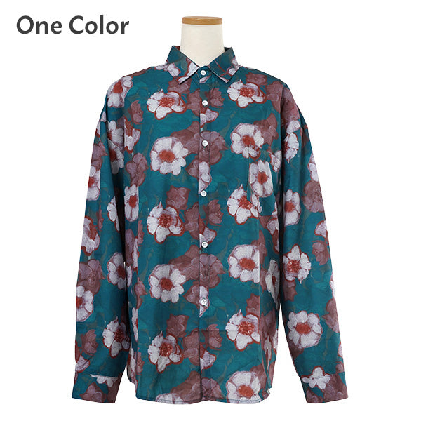 ホワイトフラワーブルーグリーンシャツ