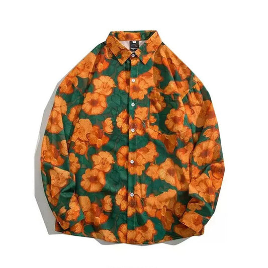 オレンジフラワーグリーンシャツ