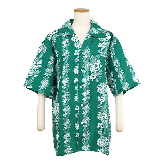 ハイビスカス&パイナップルグリーンアロハシャツ