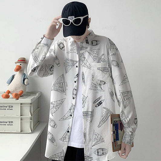 ボートイラストタッチモノクロシャツ