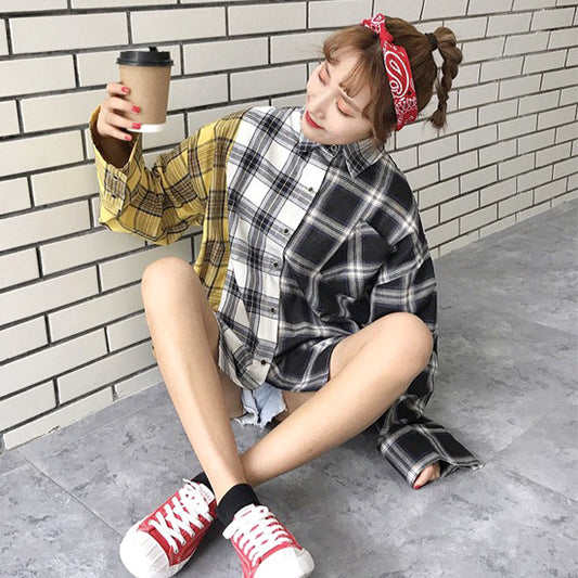 チェックアシンメトリービッグシルエット長袖シャツブラウス