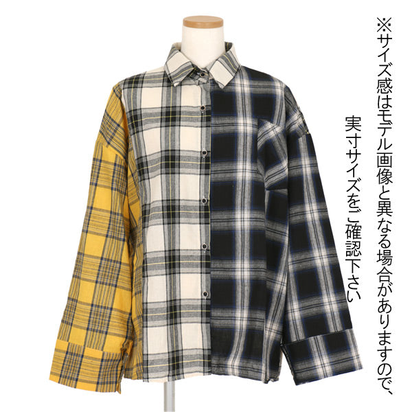チェックアシンメトリービッグシルエット長袖シャツブラウス