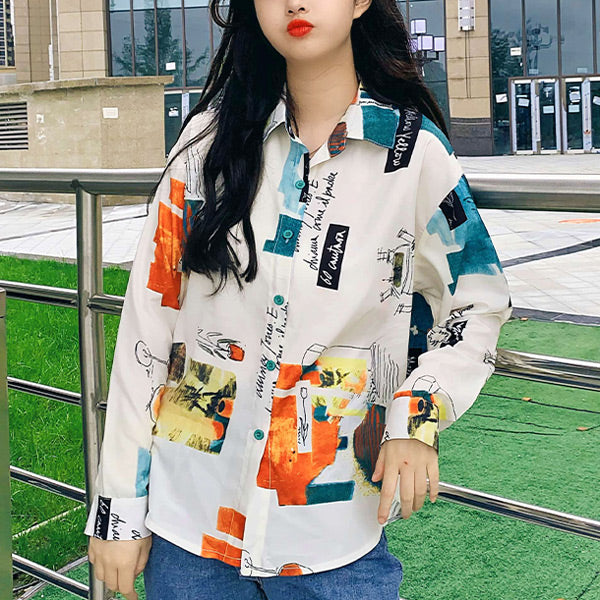 水彩画風アートプリントシャツ