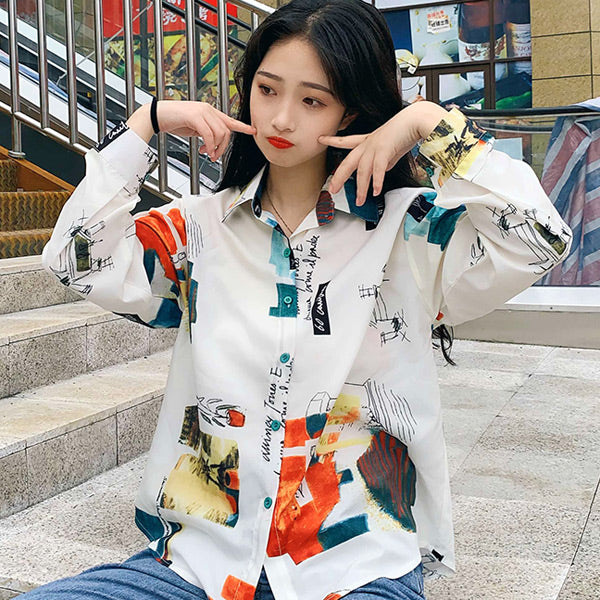 水彩画風アートプリントシャツ