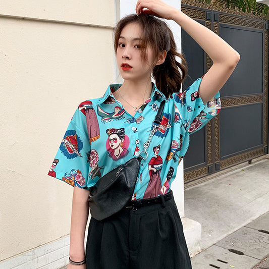 エキゾチックイラスト ライトブルー半袖シャツ