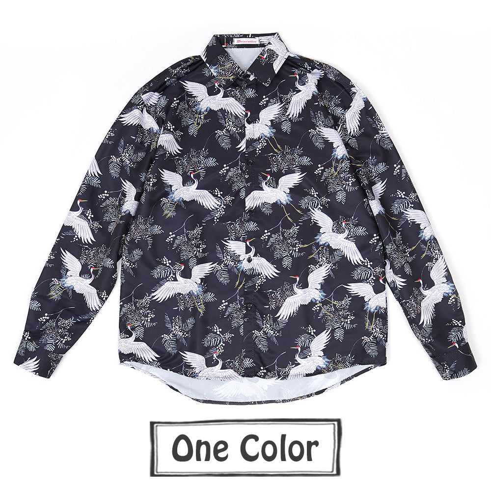 ツル柄のジャパニーズサテン長袖シャツ