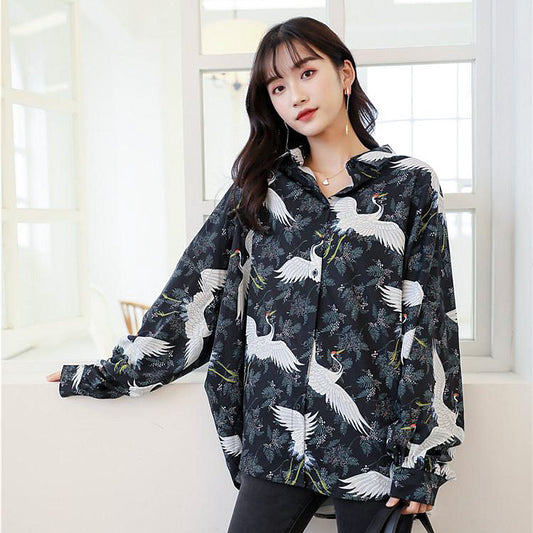 ツル柄のジャパニーズサテン長袖シャツ