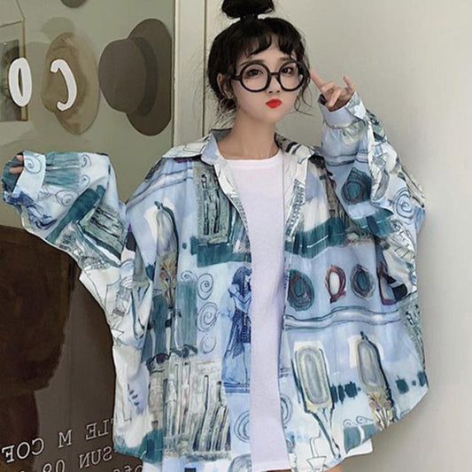 エジプトプリント ビッグシルエット長袖シャツ