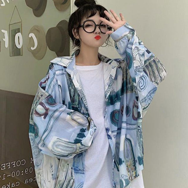 エジプトプリント ビッグシルエット長袖シャツ