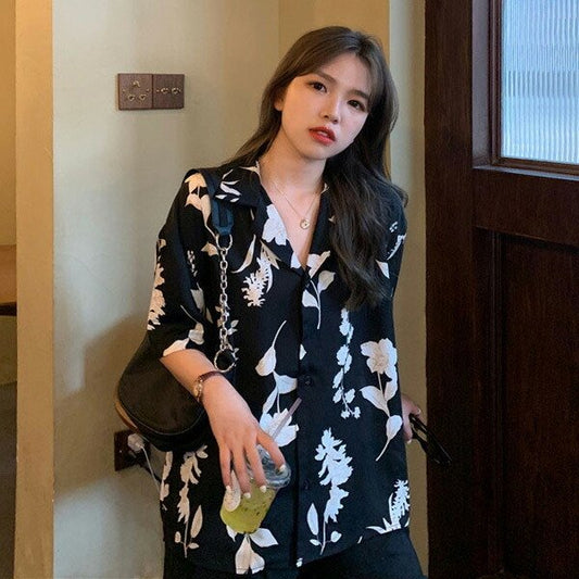 モノトーンボタニカル オープンカラー半袖シャツ