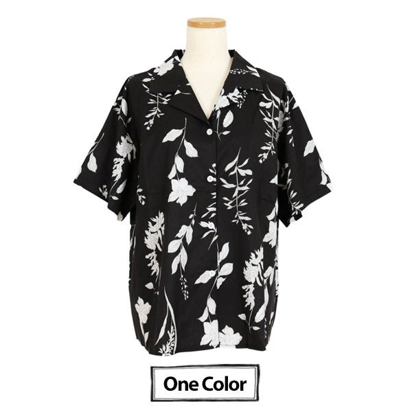 モノトーンボタニカル オープンカラー半袖シャツ