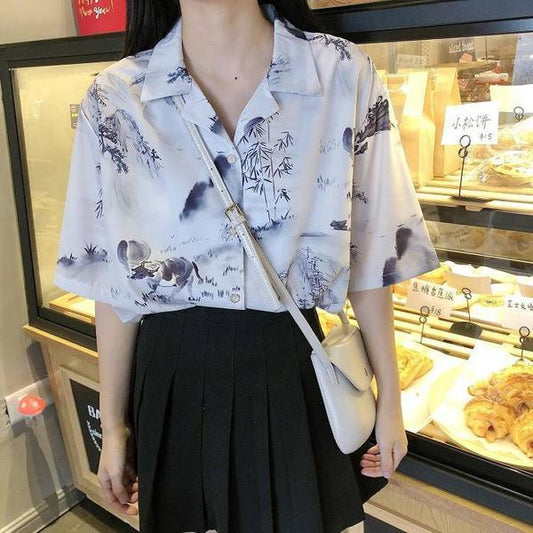 昔話水彩画プリント 半袖シャツ