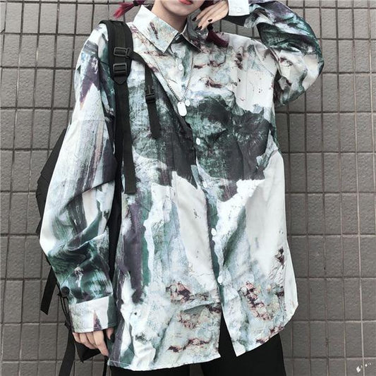 グラフィカルプリント 長袖ビッグシャツ