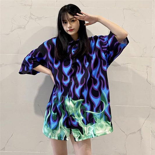 ファイヤーパターン ビッグシルエット半袖シャツ