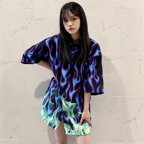 ファイヤーパターン ビッグシルエット半袖シャツ