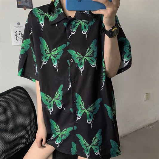 グリーンバタフライ柄 ルーズシルエット半袖シャツ