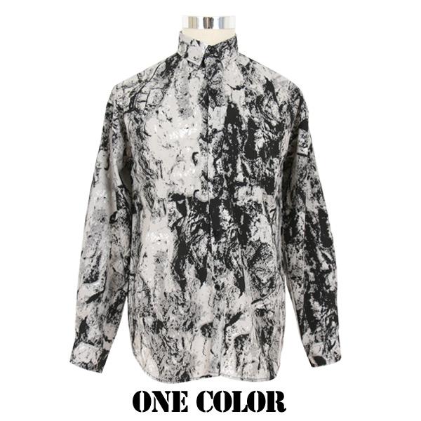 グレー×ブラック マーブルプリント シャツ
