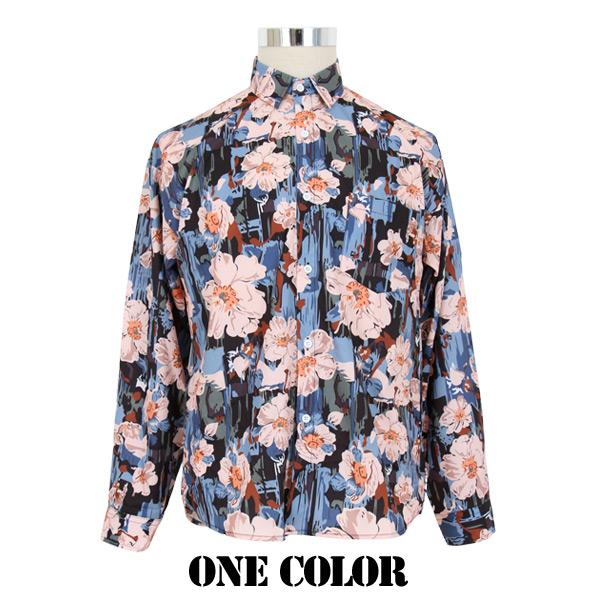 イラストタッチ レトロフラワープリントシャツ